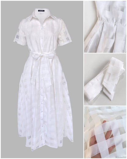 Women's Sheer Plaid Maxi Dress Short Sleeve Double Layer Swing Vacation Dress Elegant Flowy A Line Dress with Belt