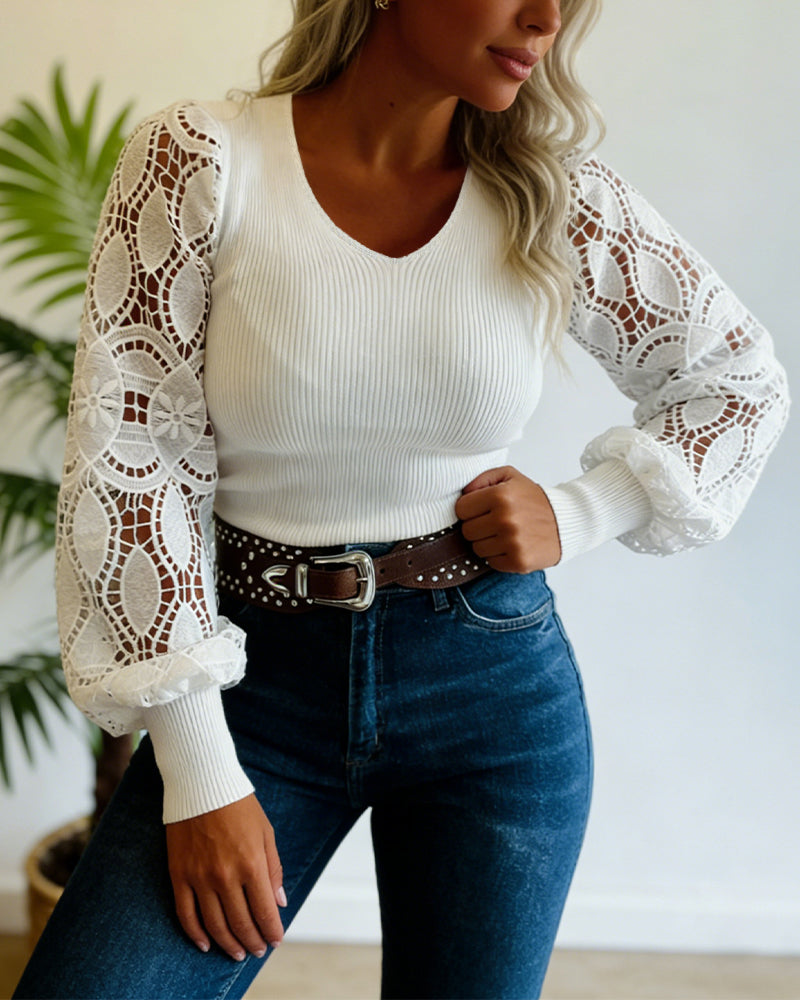 Women's V Neck Knit Top Lace Lantern Long Sleeve Pullover Ribbed Slim Fit Casual Sweater