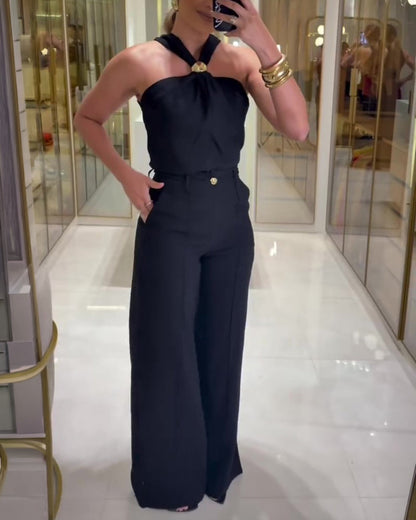 Women's 2 Piece Outfits Halter Neck Ruched Top and Wide Leg Pants Set Elegant Gold Decor Suits