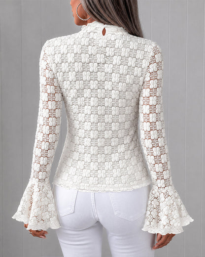 Lace Top Frill Trim Flare Long Sleeve Blouse Jacquard Floral Knit Lined Elegant Top
