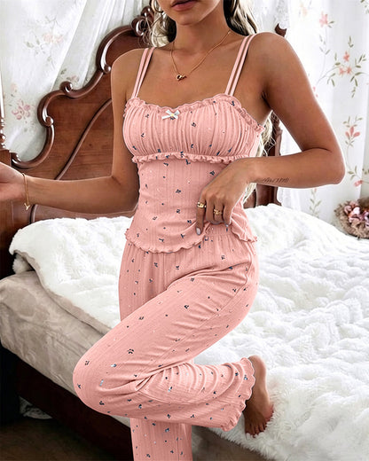 Women's Ditsy Floral Print Pajama Set Ruched Cami Top and Straight Leg Pants Casual Frill Hem Lounge Set with Pockets