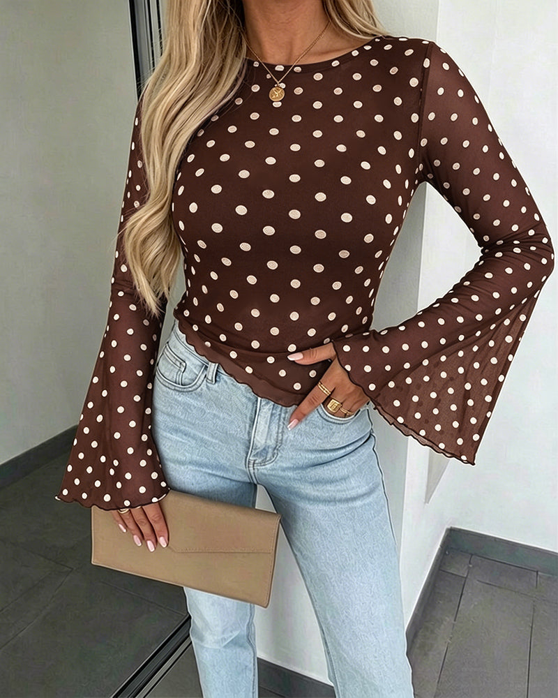 Women's Polka Dot Mesh Top Flare Long Sleeve Boat Neck Lined Asymmetric Frill Hem Blouse Vintage Party Shirt
