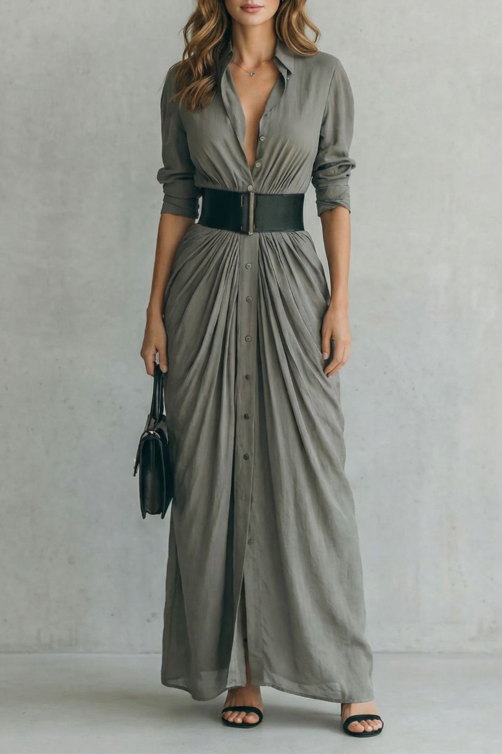 Solenzia – Pleated waist drama – Maxi shirt dress (includes belt)