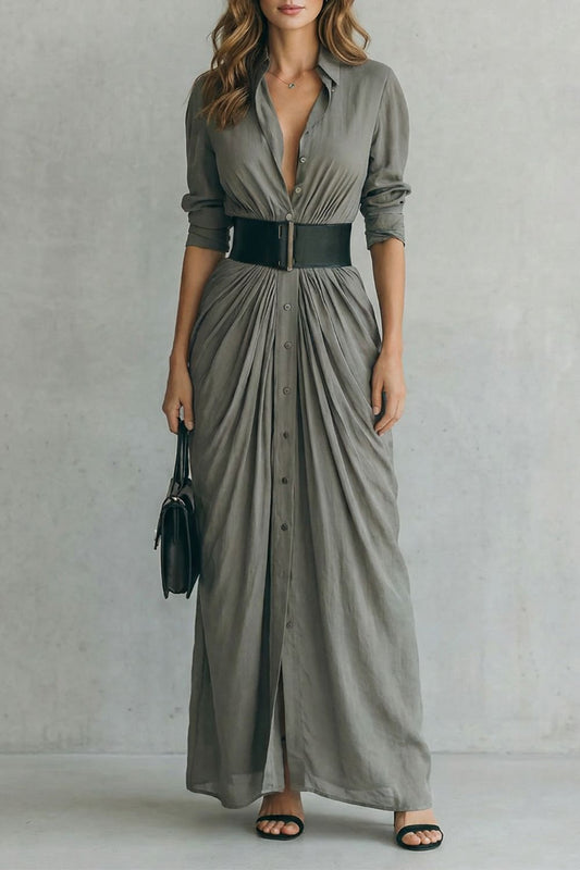 Solenzia – Pleated waist drama – Maxi shirt dress (includes belt)