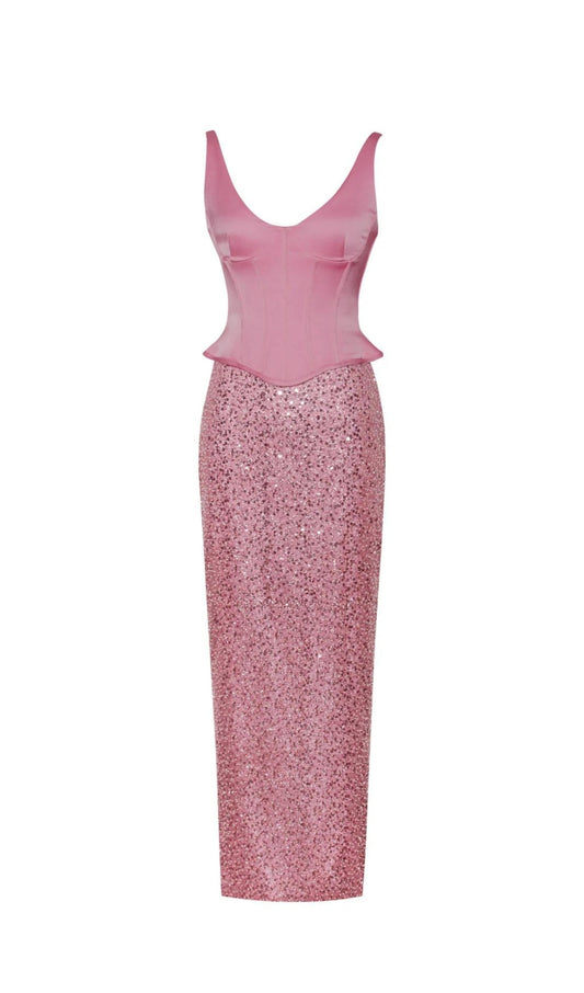 PINK SATIN CORSET SEQUIN MAXI DRESS