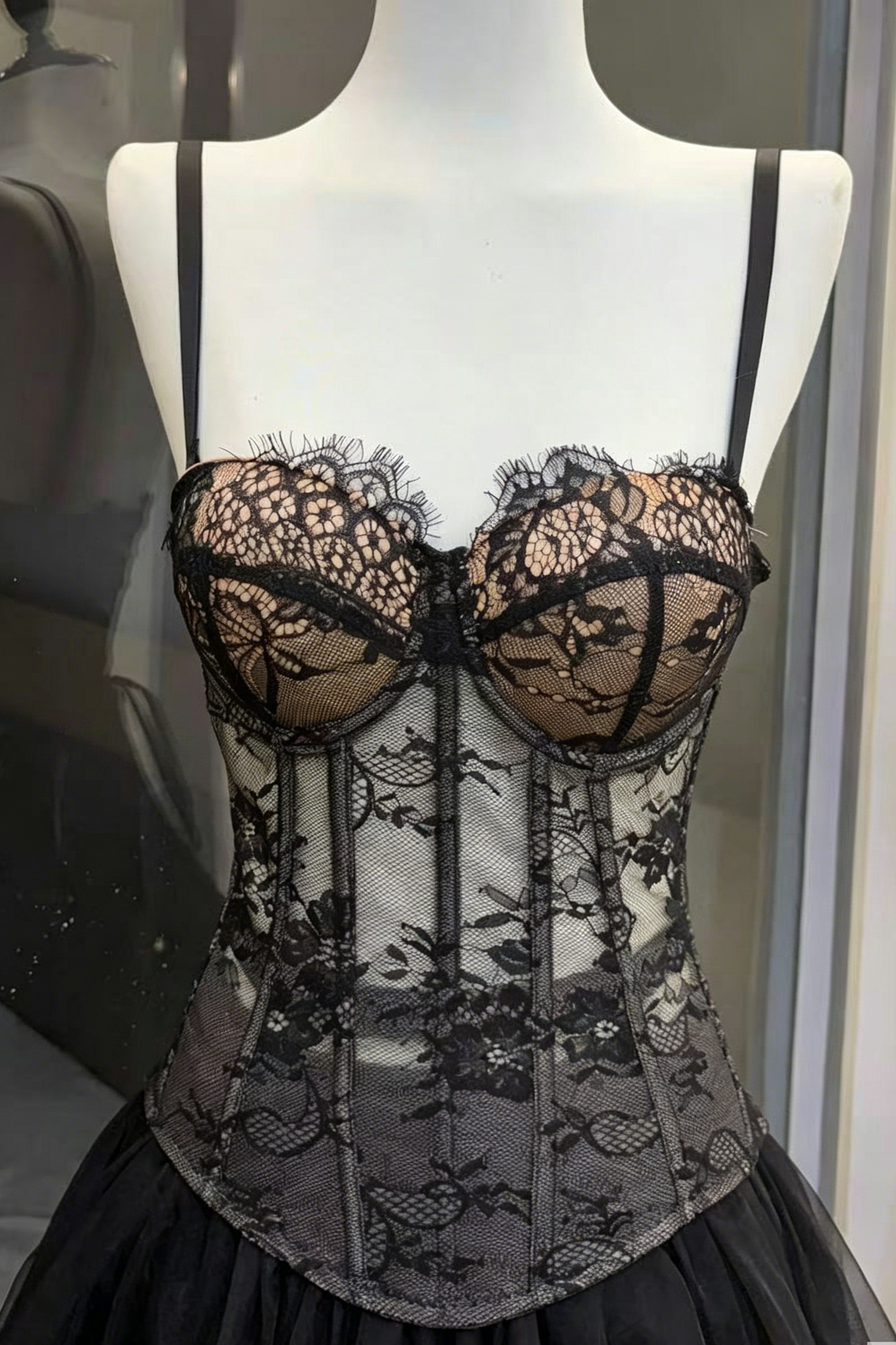 Black Lace Spaghetti Strap Corset Top & Flared Tulle Mini Skirt Set