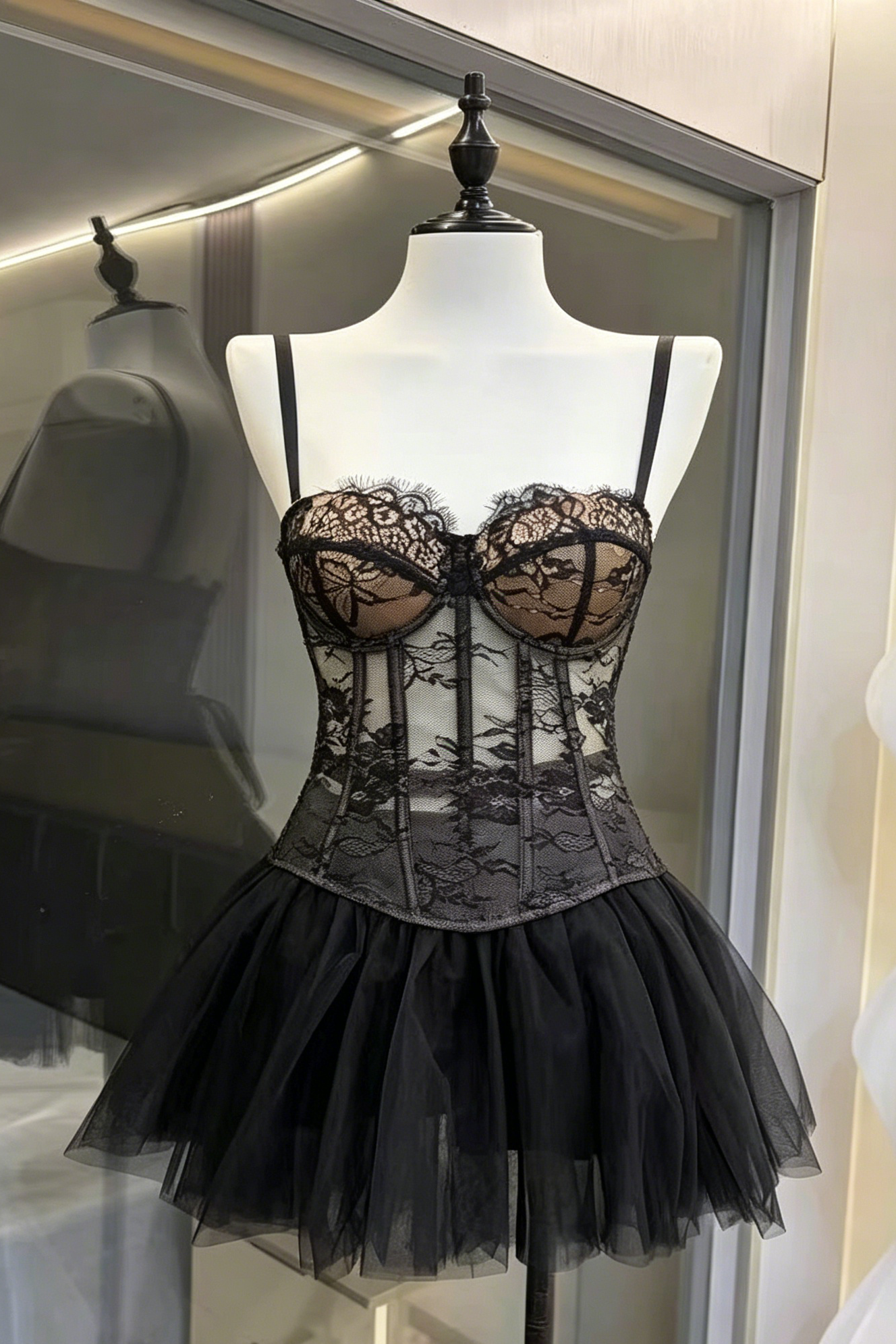 Black Lace Spaghetti Strap Corset Top & Flared Tulle Mini Skirt Set
