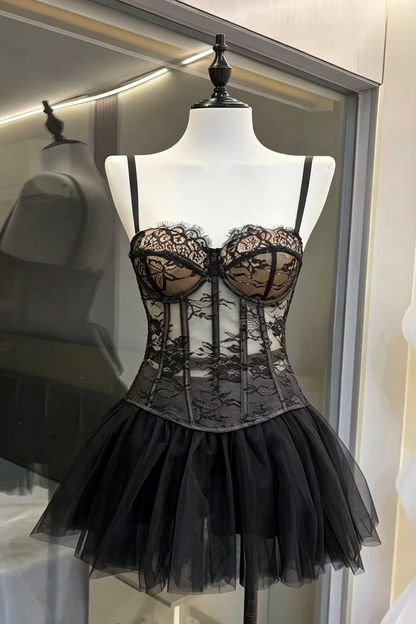 Black Lace Spaghetti Strap Corset Top & Flared Tulle Mini Skirt Set