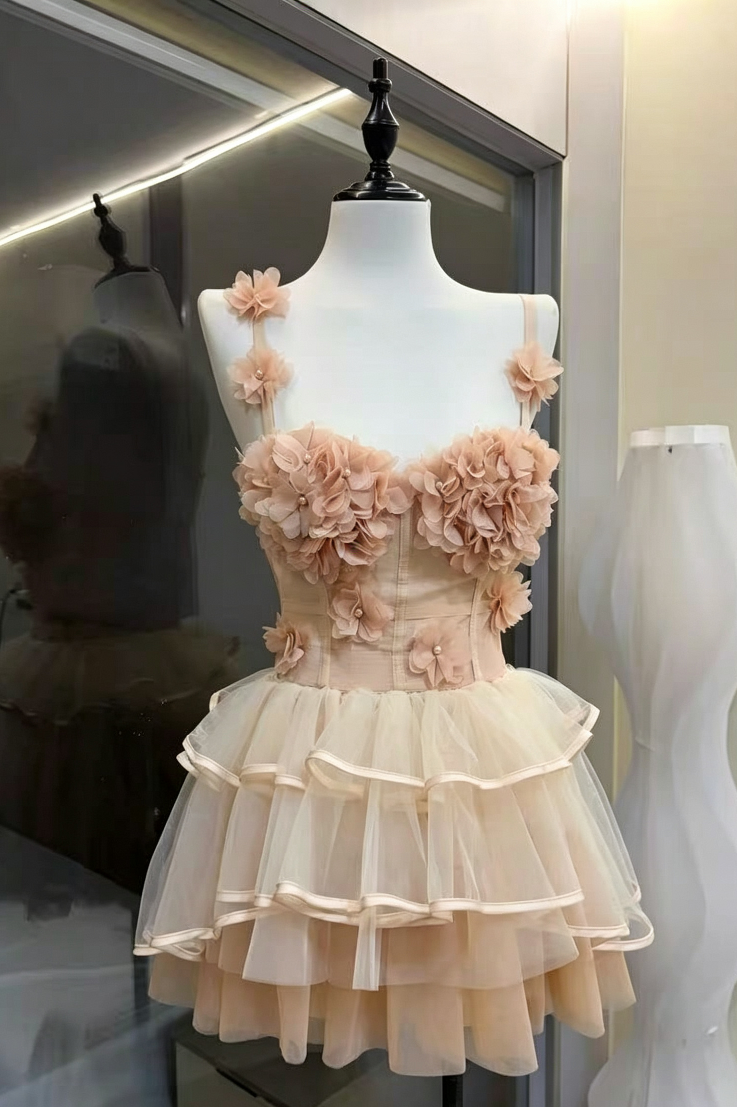 Blush Spaghetti Strap 3D Floral Corset Top & High Low Tiered Tulle Skirt Set