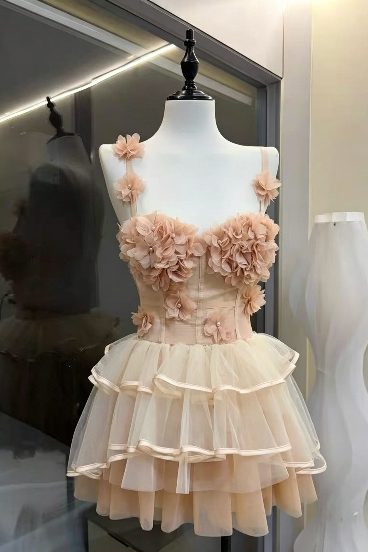 Blush Spaghetti Strap 3D Floral Corset Top & High Low Tiered Tulle Skirt Set