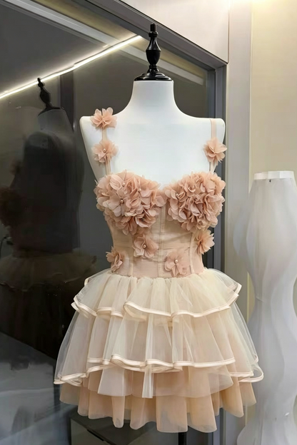 Blush Spaghetti Strap 3D Floral Corset Top & High Low Tiered Tulle Skirt Set