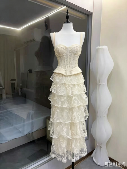 Ivory Wide Strap Lace Corset Peplum Top & Tiered High Low Lace Skirt Set