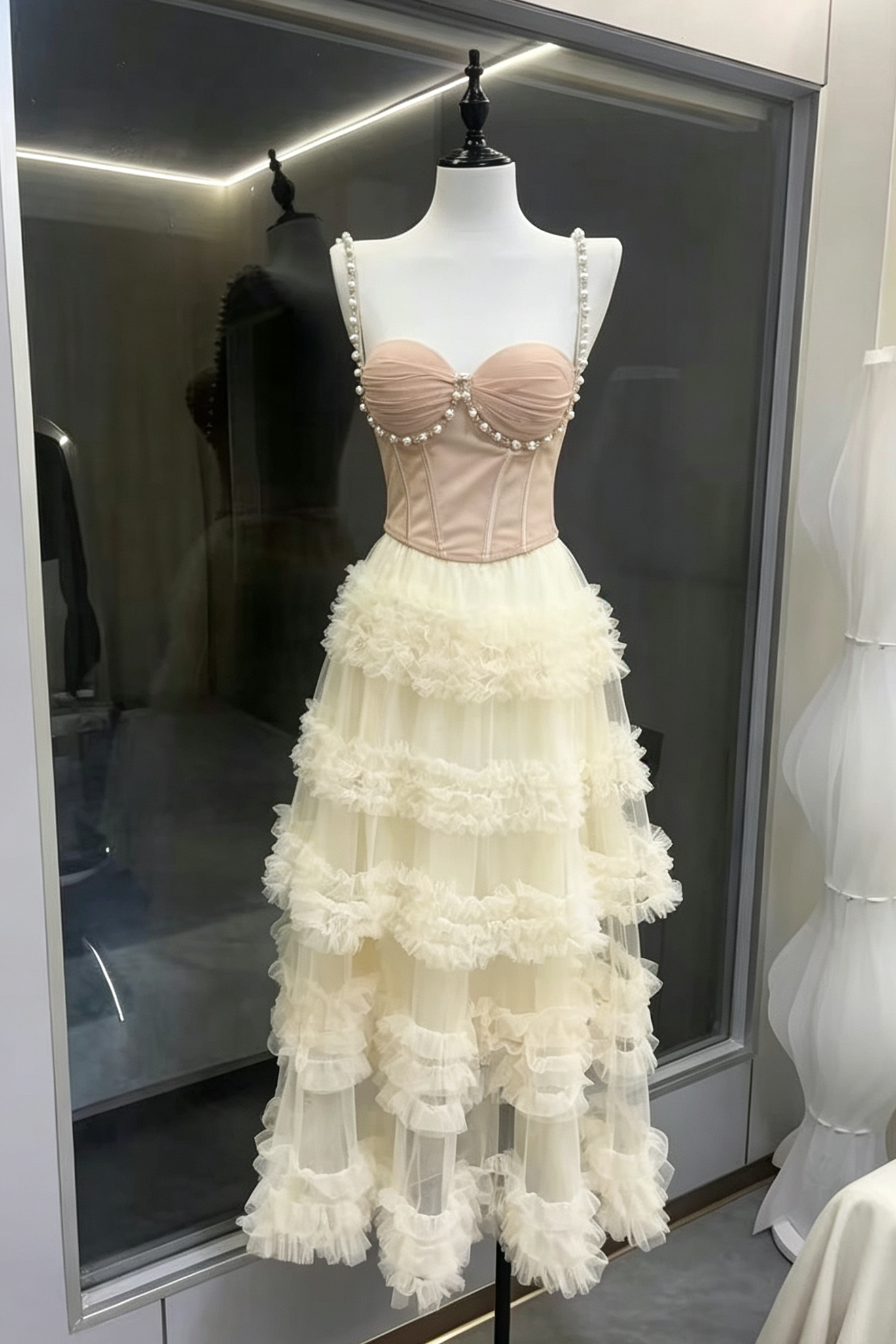 Nude Pearl Strap Sweetheart Corset Top & Tiered Ruffle High Low Tulle Midi Skirt Set