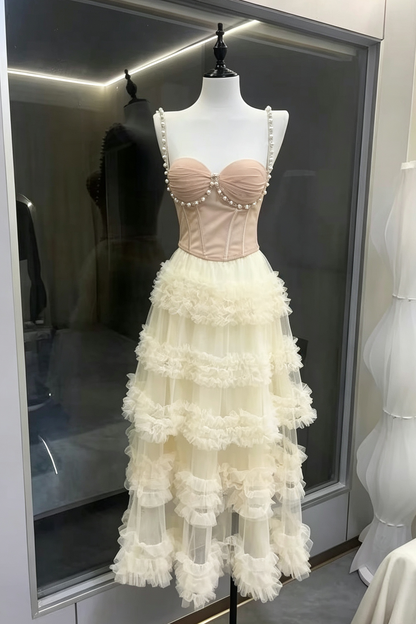 Nude Pearl Strap Sweetheart Corset Top & Tiered Ruffle High Low Tulle Midi Skirt Set
