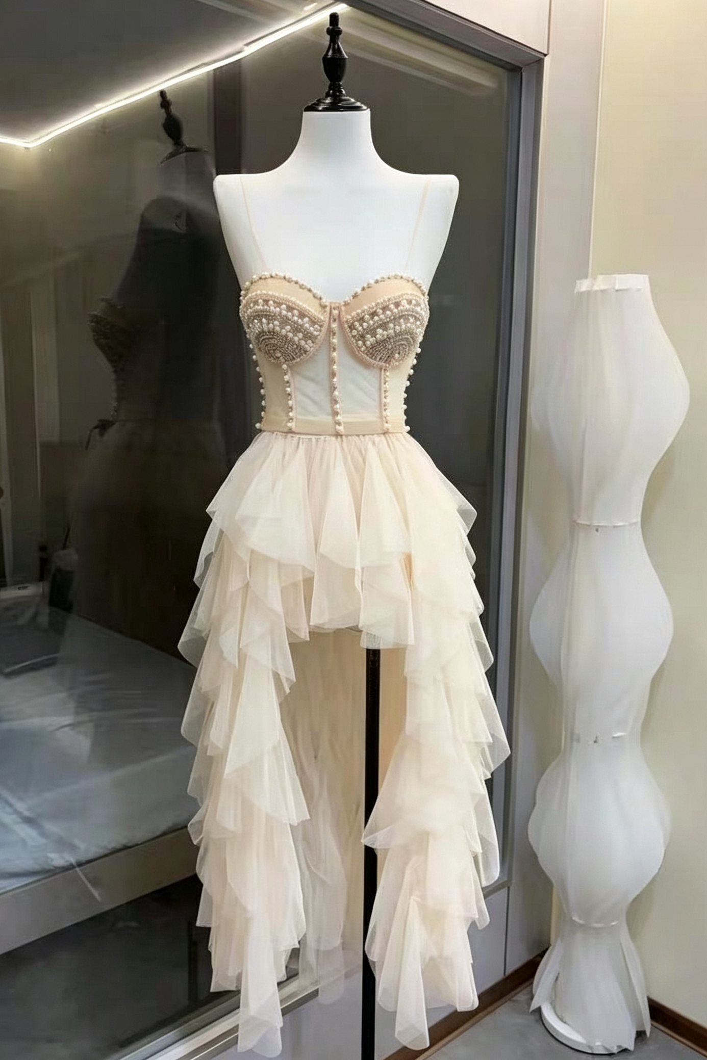 Cream Strapless Pearl Embellished Corset Top & High Low Ruffle Tulle Skirt Set