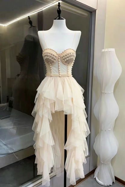 Cream Strapless Pearl Embellished Corset Top & High Low Ruffle Tulle Skirt Set