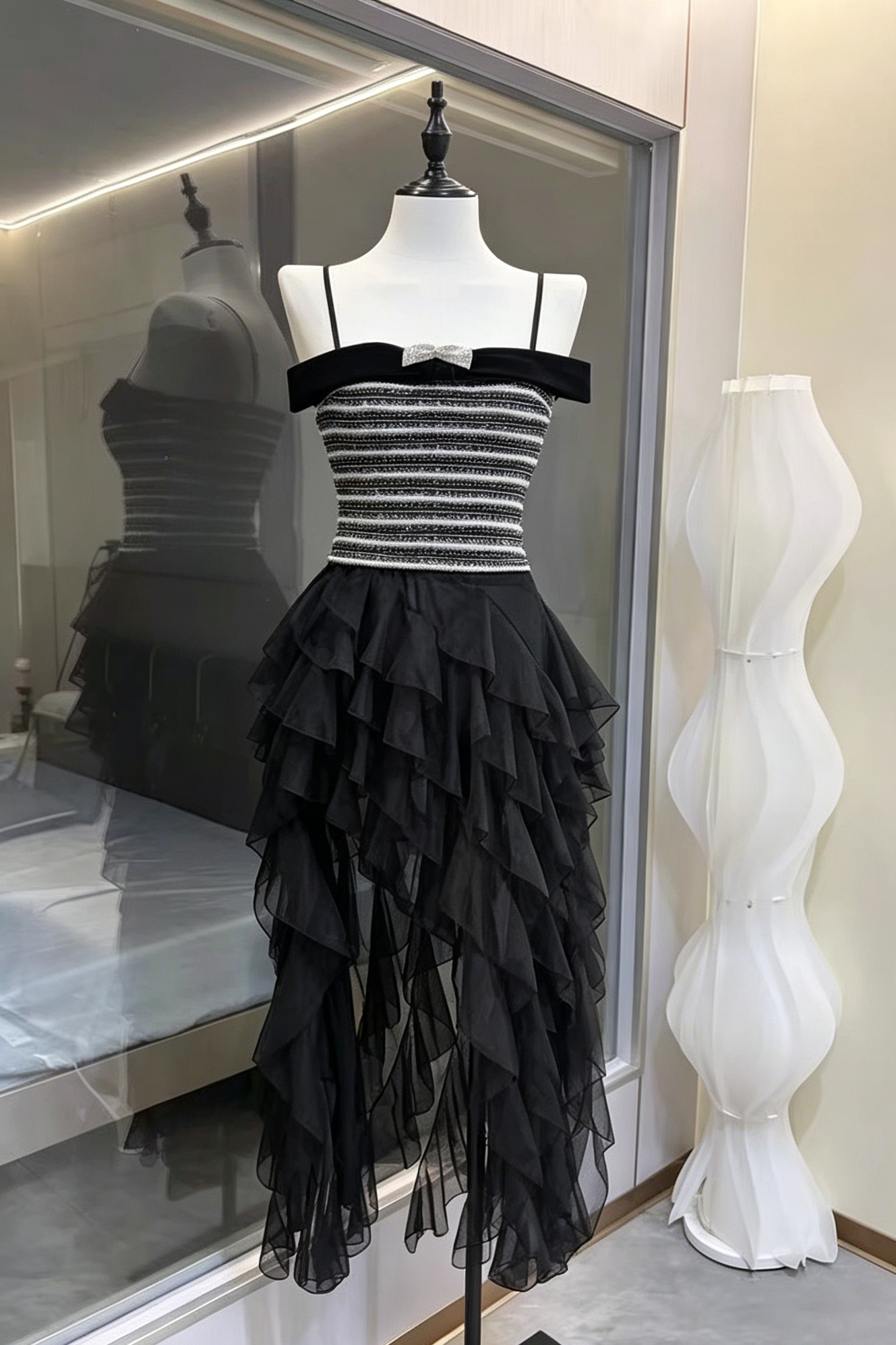 Rhinestone Bow Tweed Top & High-Low Ruffle Tulle Skirt Two-Piece Set