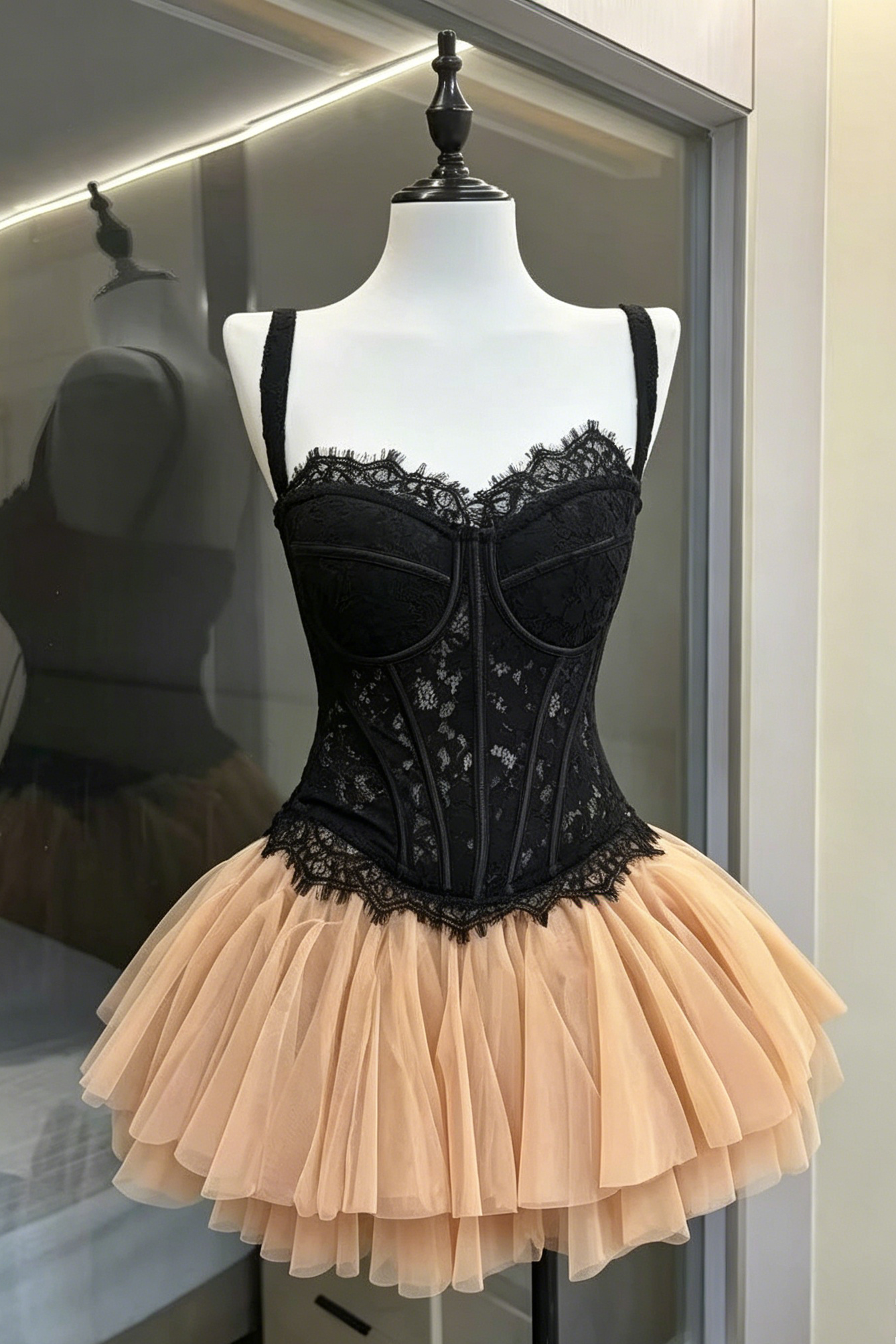 Black Lace Corset & Nude Tulle Tutu Two-Piece Set