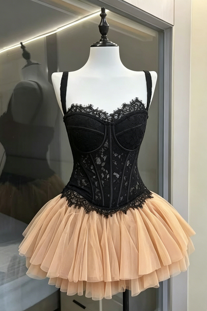 Black Lace Corset & Nude Tulle Tutu Two-Piece Set