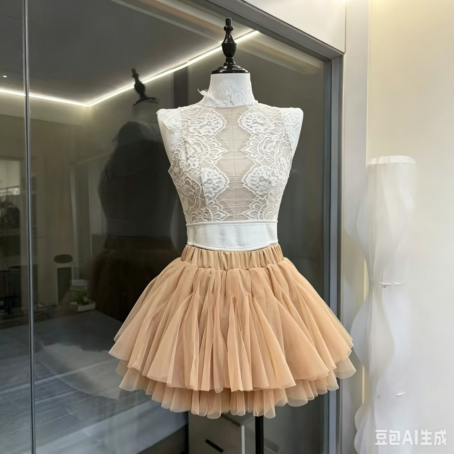 High Neck Lace Top & Puffy Tulle Skirt Two-Piece Set