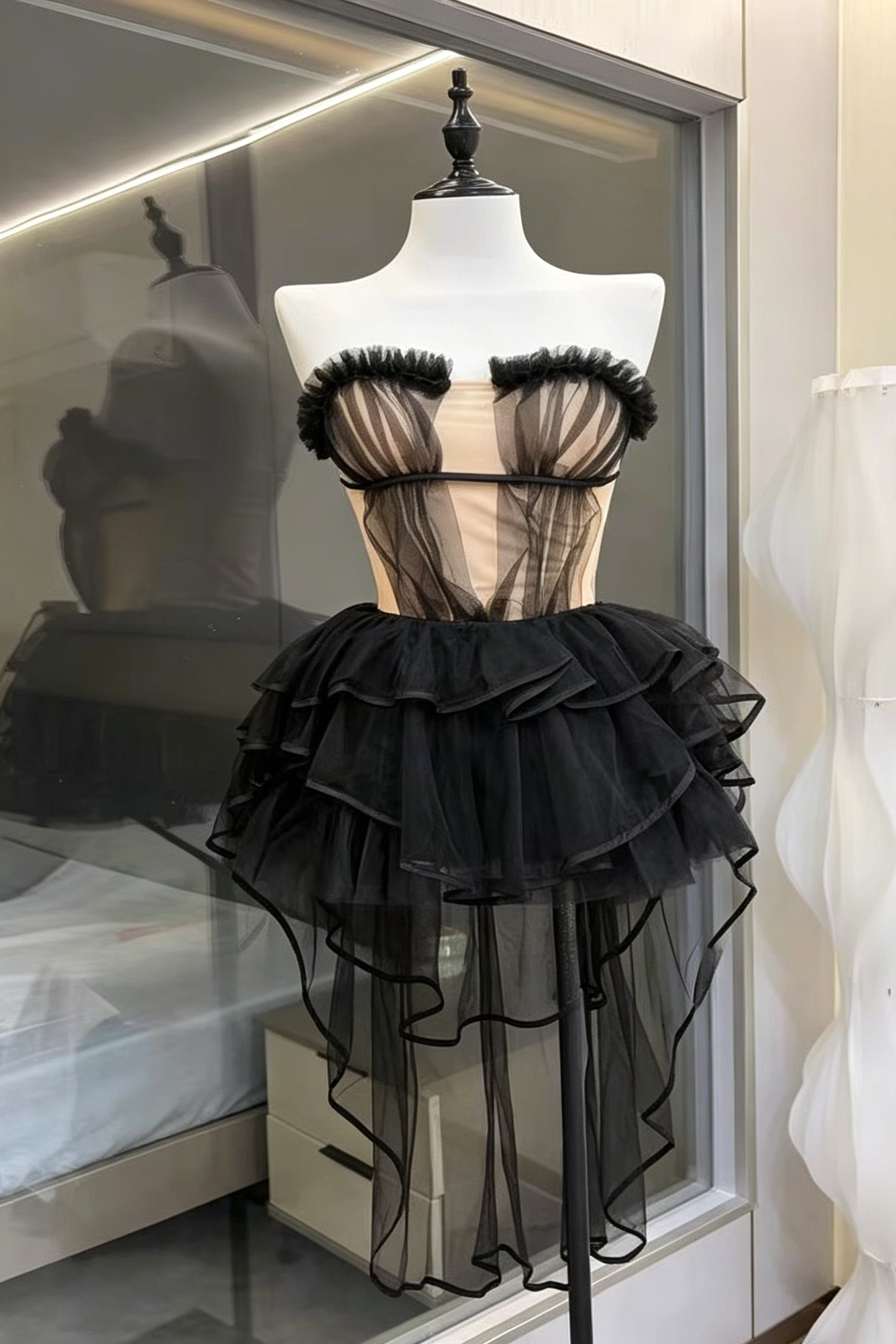 Black Strapless Ruffle Mesh Corset Top & High Low Tulle Skirt Set