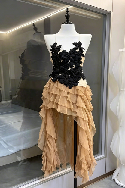 Nude Sheer Strap Black 3D Floral Corset Top & High Low Ruffle Tulle Skirt Set