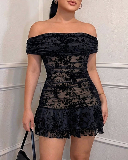 Women's Foldover Off Shoulder Mesh Mini Dress Flocked Floral Ruched Bodycon Party Dress Ruffle Hem Sexy Clubwear