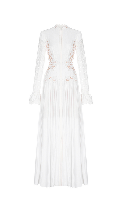lace embroidered hollow maxi dress in white