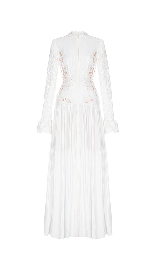 lace embroidered hollow maxi dress in white
