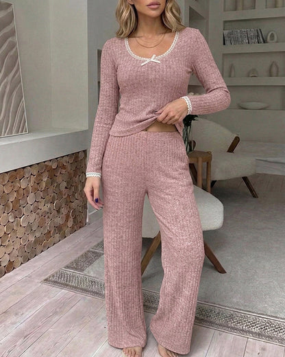 Lounge Sets Lace Trim Long Sleeve Top and High Waisted Pants Pajamas Sets with Pockets