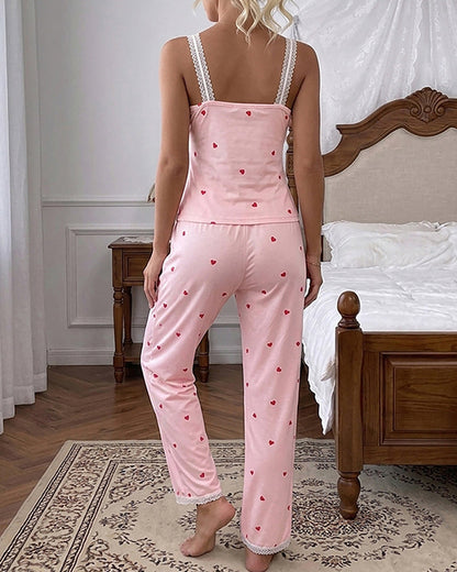 Women's 2 Piece Heart Print Pajama Set Lace Trim U-Neck Cami Top and Pants Sweet Lounge Set with Pockets