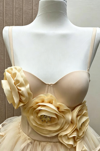 Champagne Strapless 3D Floral Corset Top & High Low Ruffle Tulle Skirt Set