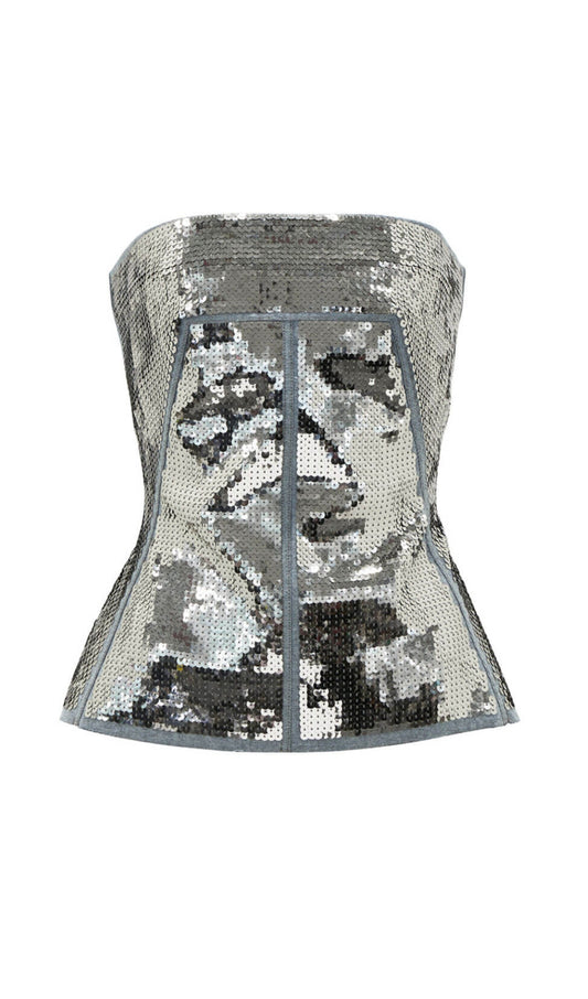 Metallic Sequin Embellished Sleeveless Denim Bustier Crop Top