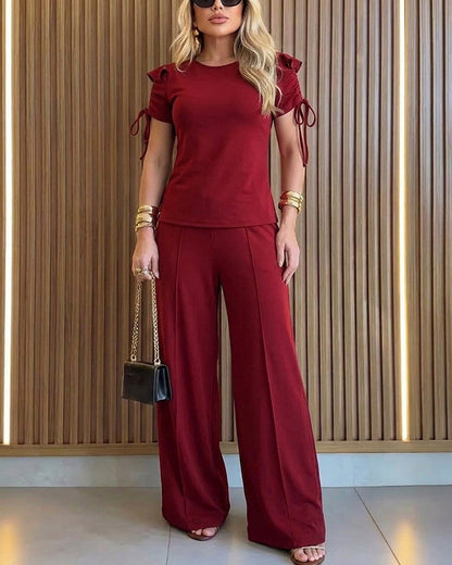 2 Pieces Outfit Ruffles Decor Drawstring Short Sleeve Top and Casual Elastic Waist Seam Front Wide Leg Pants Set