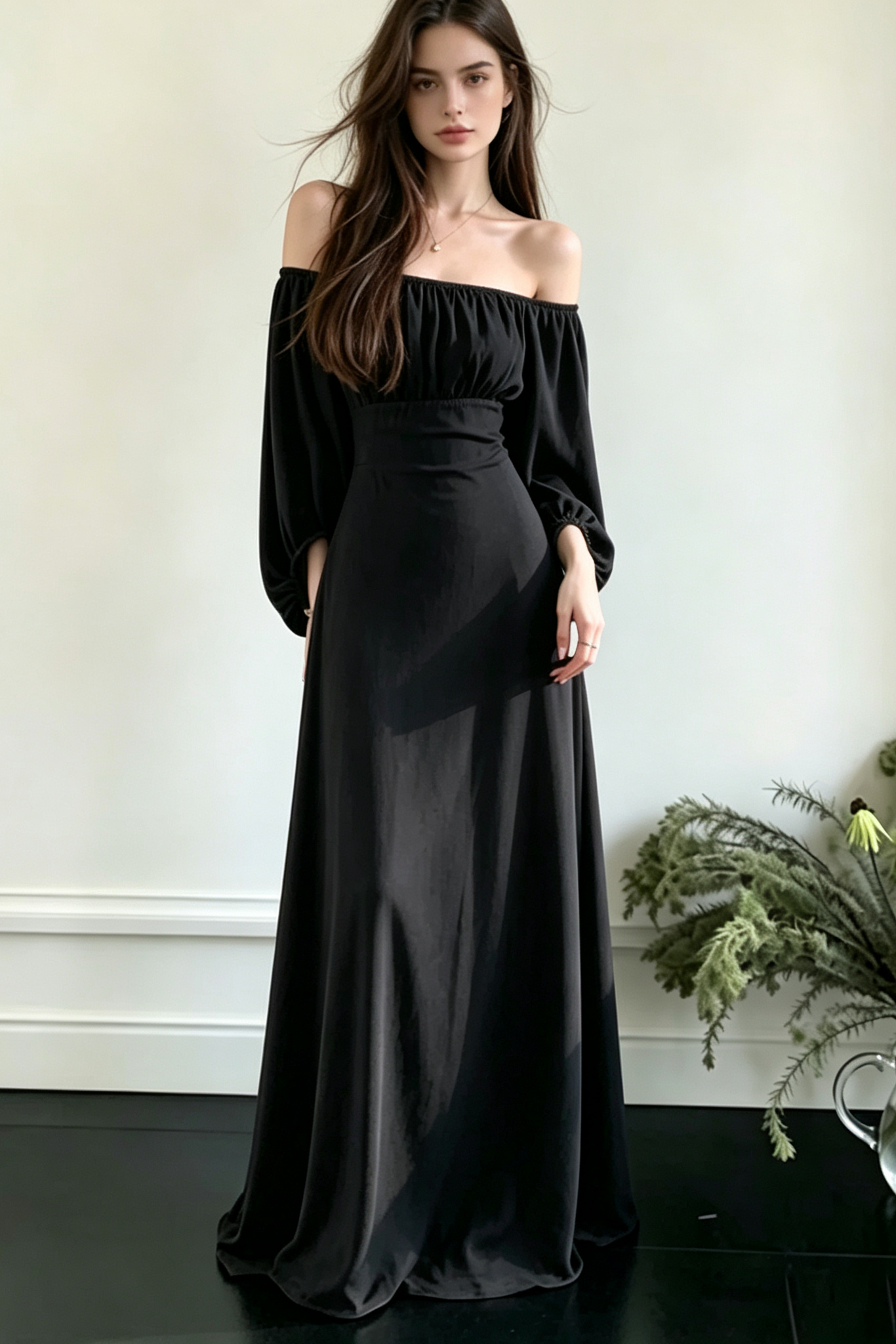 Square Neck Puff Long Sleeve High Waist Eco Recycled Cotton Dress - Black