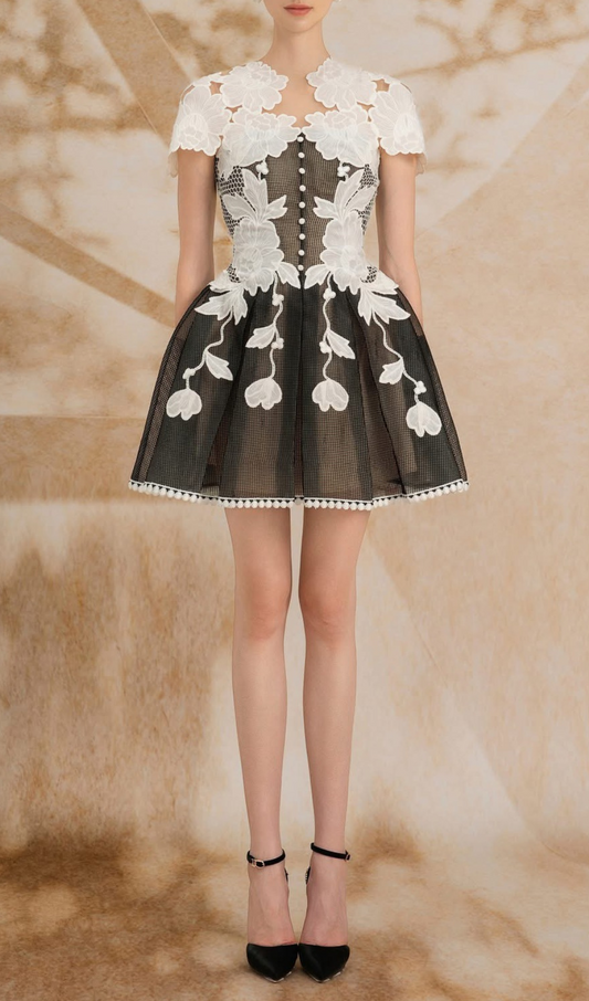 black-white lace flower embellished mini dress