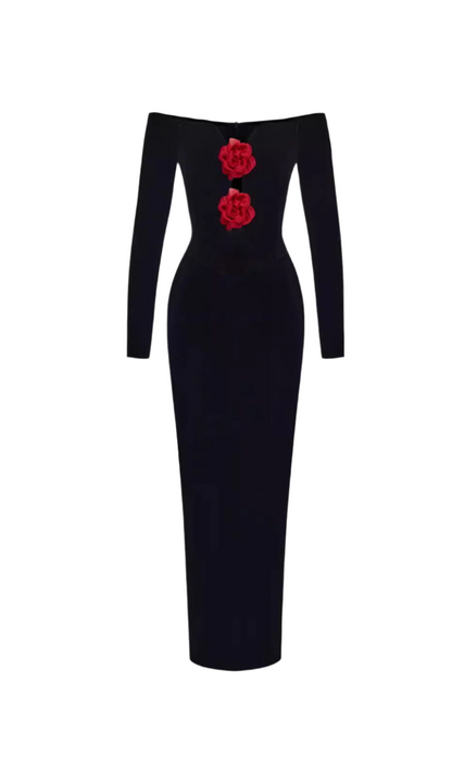 ZANNA OFF SHOULDERS FLOWERS VELVET MAXI DRESS IN BLACK