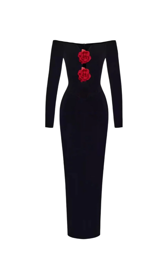 ZANNA OFF SHOULDERS FLOWERS VELVET MAXI DRESS IN BLACK
