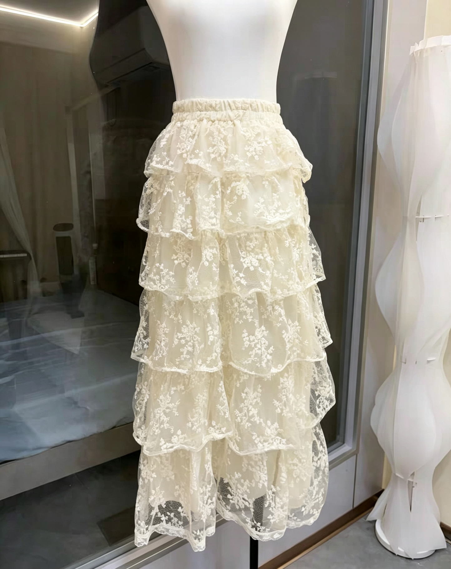 Ivory Wide Strap Lace Corset Peplum Top & Tiered High Low Lace Skirt Set