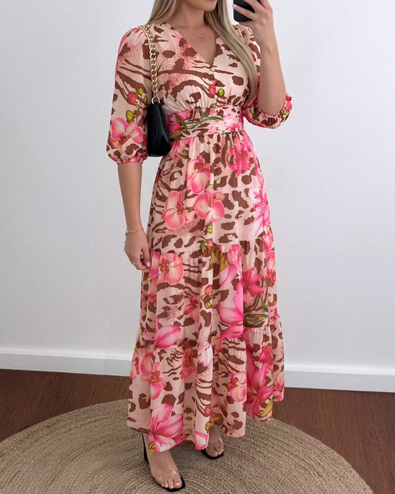 Women's Leopard Floral Print Dress V Neck Three Quarters Sleeve Ruffle Hem Dress Shirred Back A-Line Maxi Vacation Dress