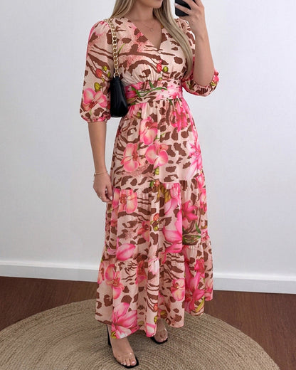 Women's Leopard Floral Print Dress V Neck Three Quarters Sleeve Ruffle Hem Dress Shirred Back A-Line Maxi Vacation Dress