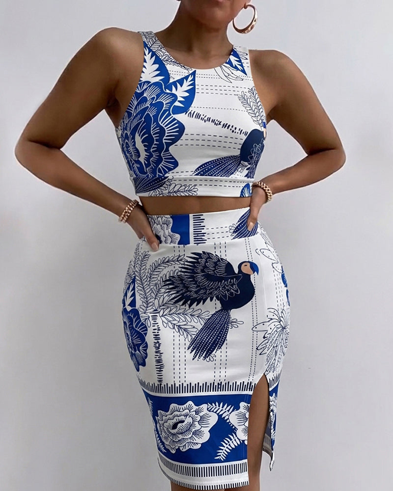 Women's Vintage Print Two Piece Set Crop Tank Top and High Waist Side Slit Slim Fit Midi Skirt Elegant Matching Set