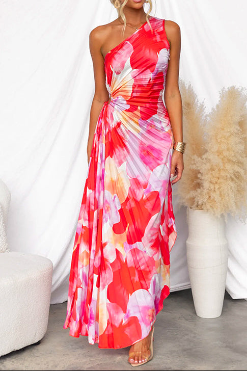 One Shoulder Sleeveless Print Asymmetric Maxi Pleated Dress