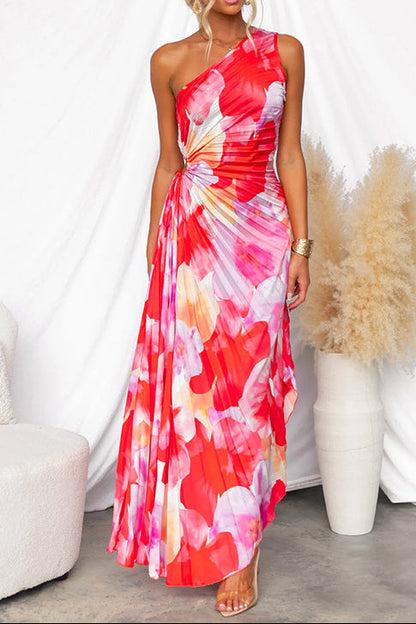 One Shoulder Sleeveless Print Asymmetric Maxi Pleated Dress