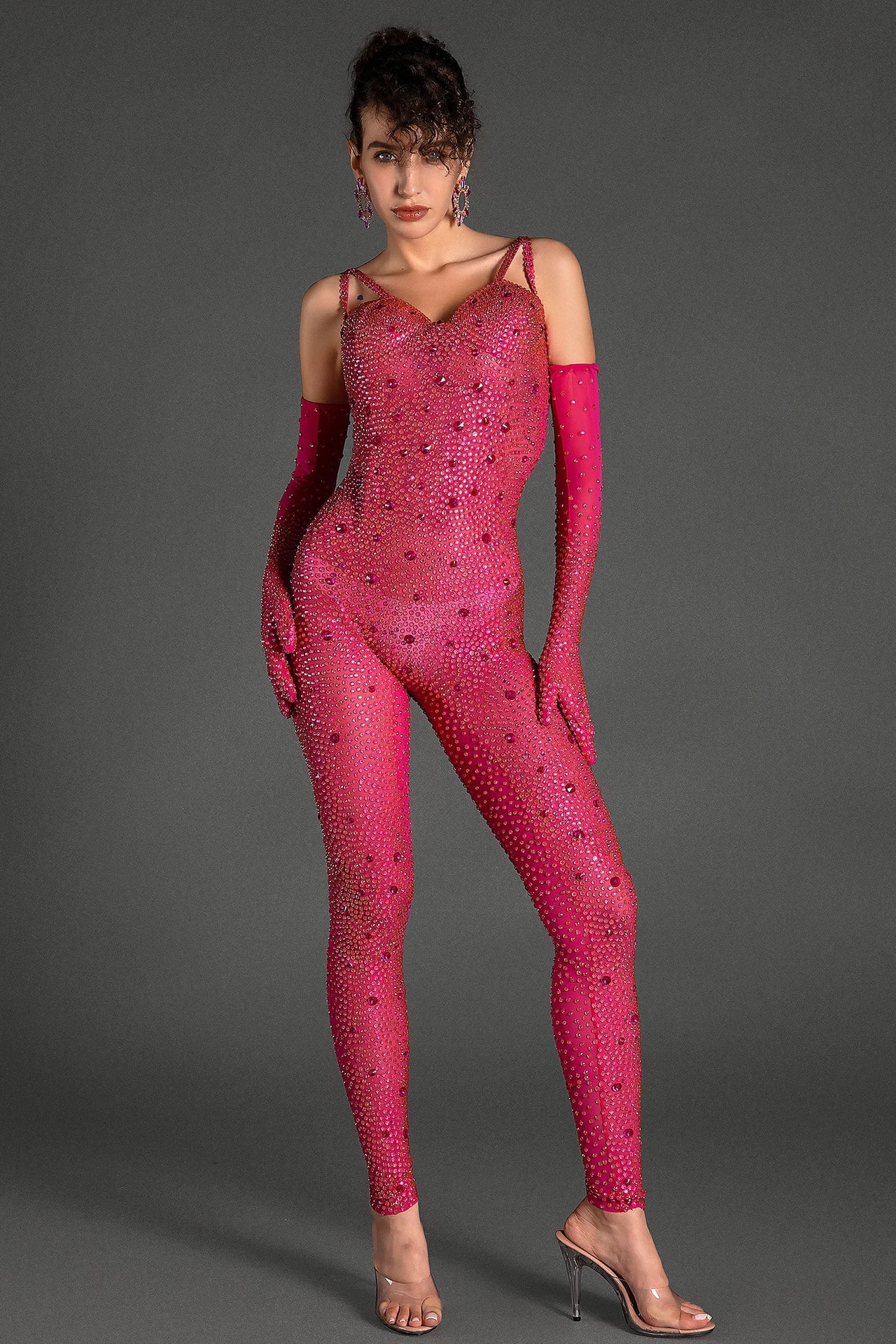 Comatos Strap Rhinestone Jumpsuit With Gloves