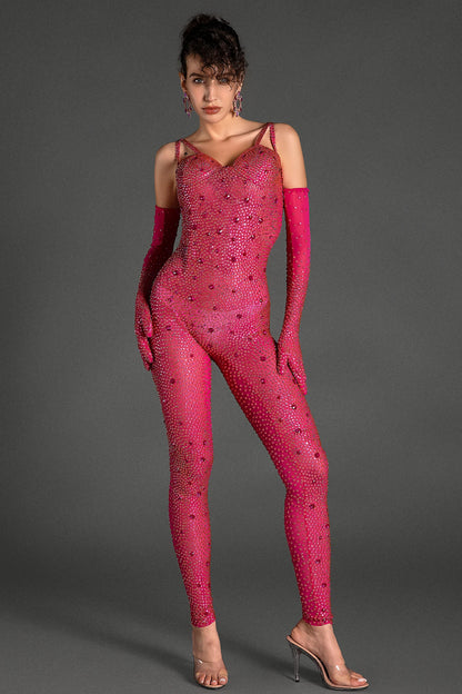 Comatos Strap Rhinestone Jumpsuit With Gloves