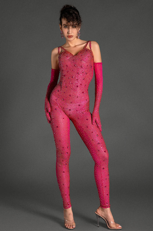 Comatos Strap Rhinestone Jumpsuit With Gloves