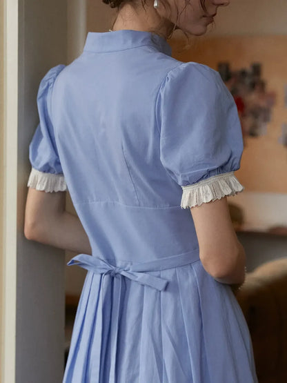 Ocean V-Neck Puff Sleeves 100% Cotton Dress