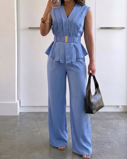 2 Pieces Outfit Pleated Design Deep V-Neck Sleeveless Asymmetrical Hem Top and Casual Elastic Waist Wide Leg Pants Set with Detachable Belt