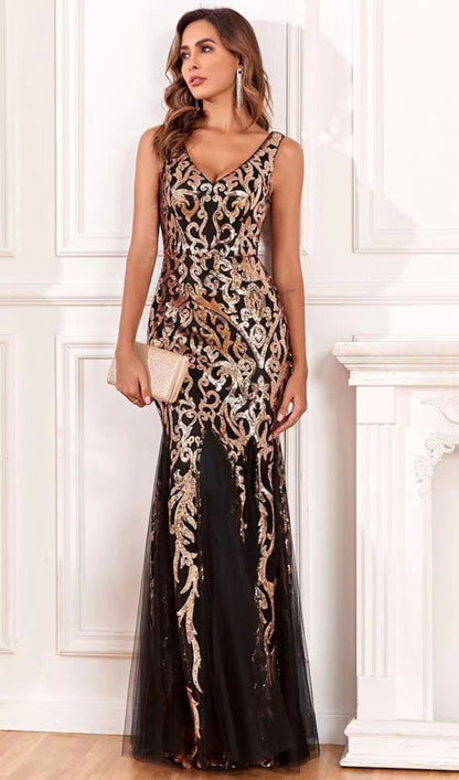 Fishtail Sequin Maxi Dress In Gold